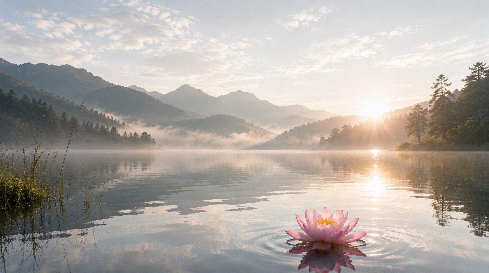 Morning mist over a still mountain lake, with a pink lotus floating in the foreground